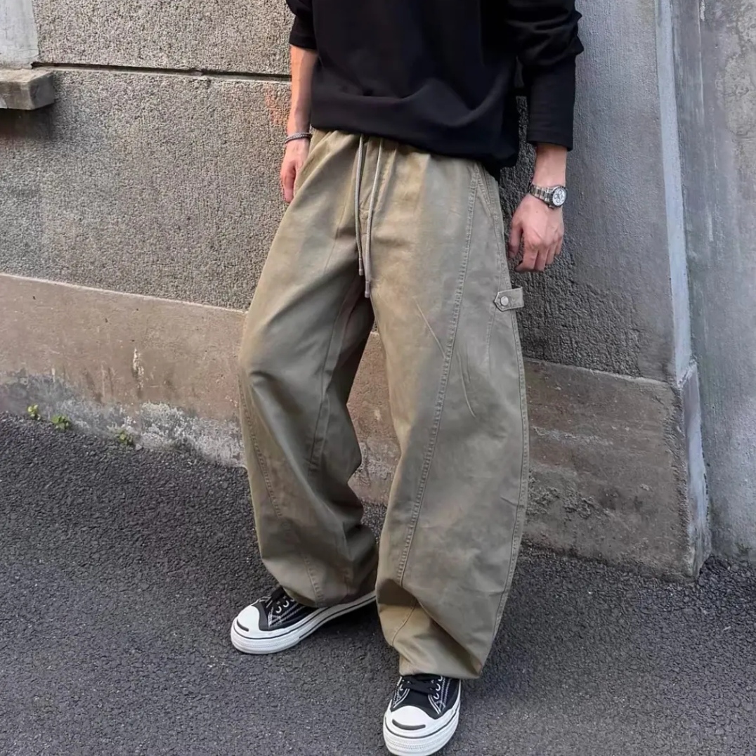 秋冬加绒加厚美式弯刀ins潮流重磅做旧水洗伐木宽松直筒休闲裤男