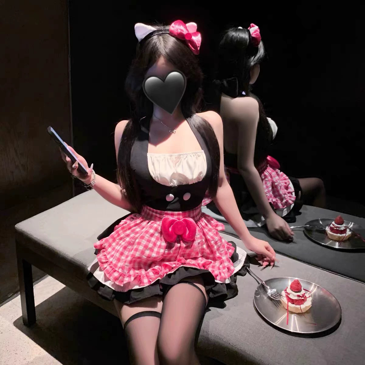 蜜悦】日系软萌可爱吊带连衣睡裙性感格纹cos女仆围裙制服