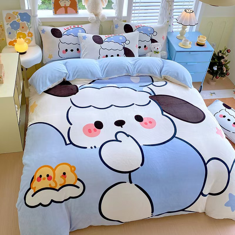 A类母婴牛奶绒四件套秋冬加厚保暖大版卡通被套法莱绒珊瑚绒床上 