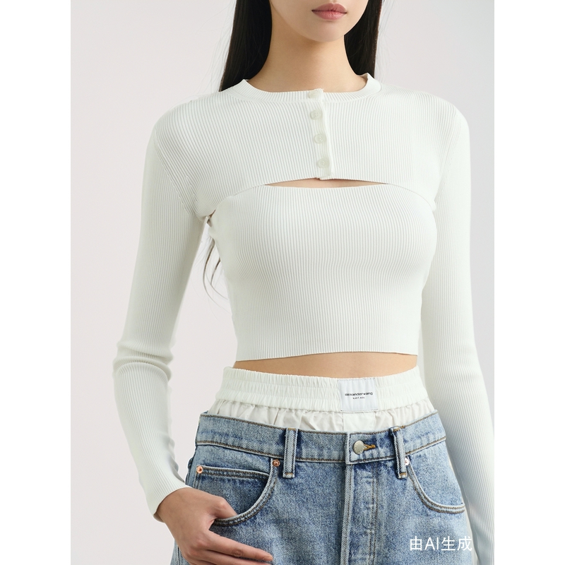 [折扣]Alexander Wang/亚历山大王 秋冬女分层式罗纹打底衫针织衫