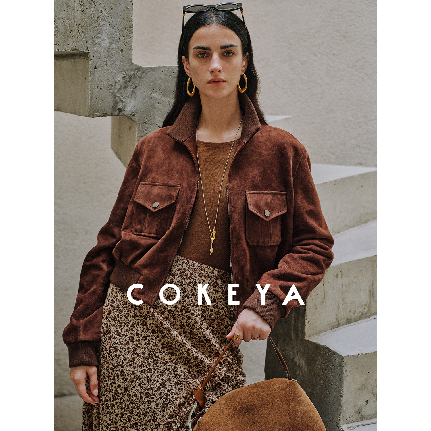COKEYA/曼哈顿~复古麂皮绒短款收腰罗纹翻领夹克皮衣短外套女