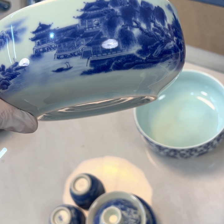 瓷片白青花山水大茶洗全品