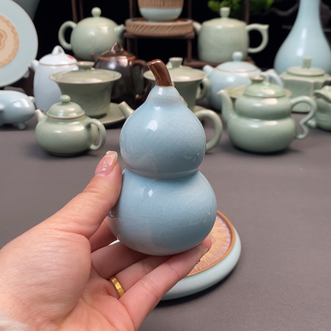 杯天青小葫芦摆件茶宠一物多用微微瑕