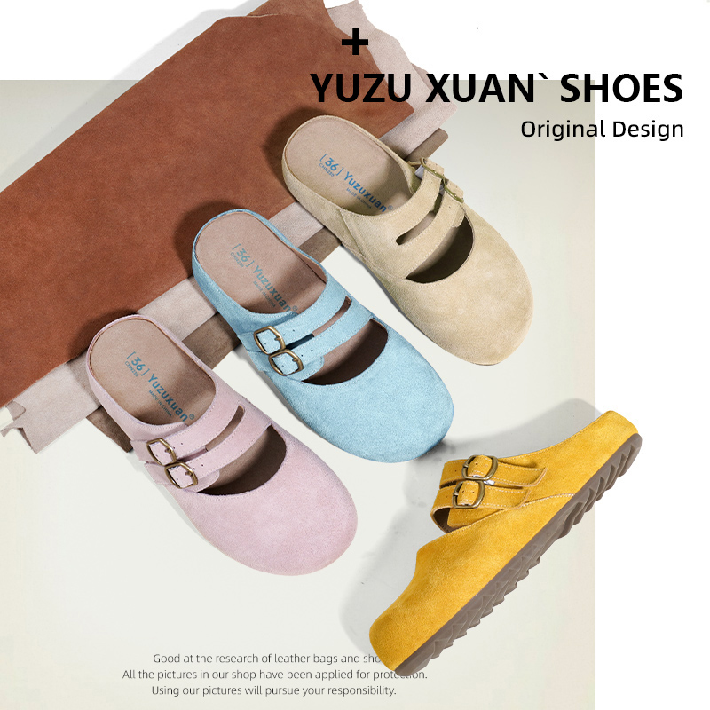 【抖店专属】真皮牛皮勃肯鞋半拖春夏季圆头丑萌皮带扣懒人包头拖鞋