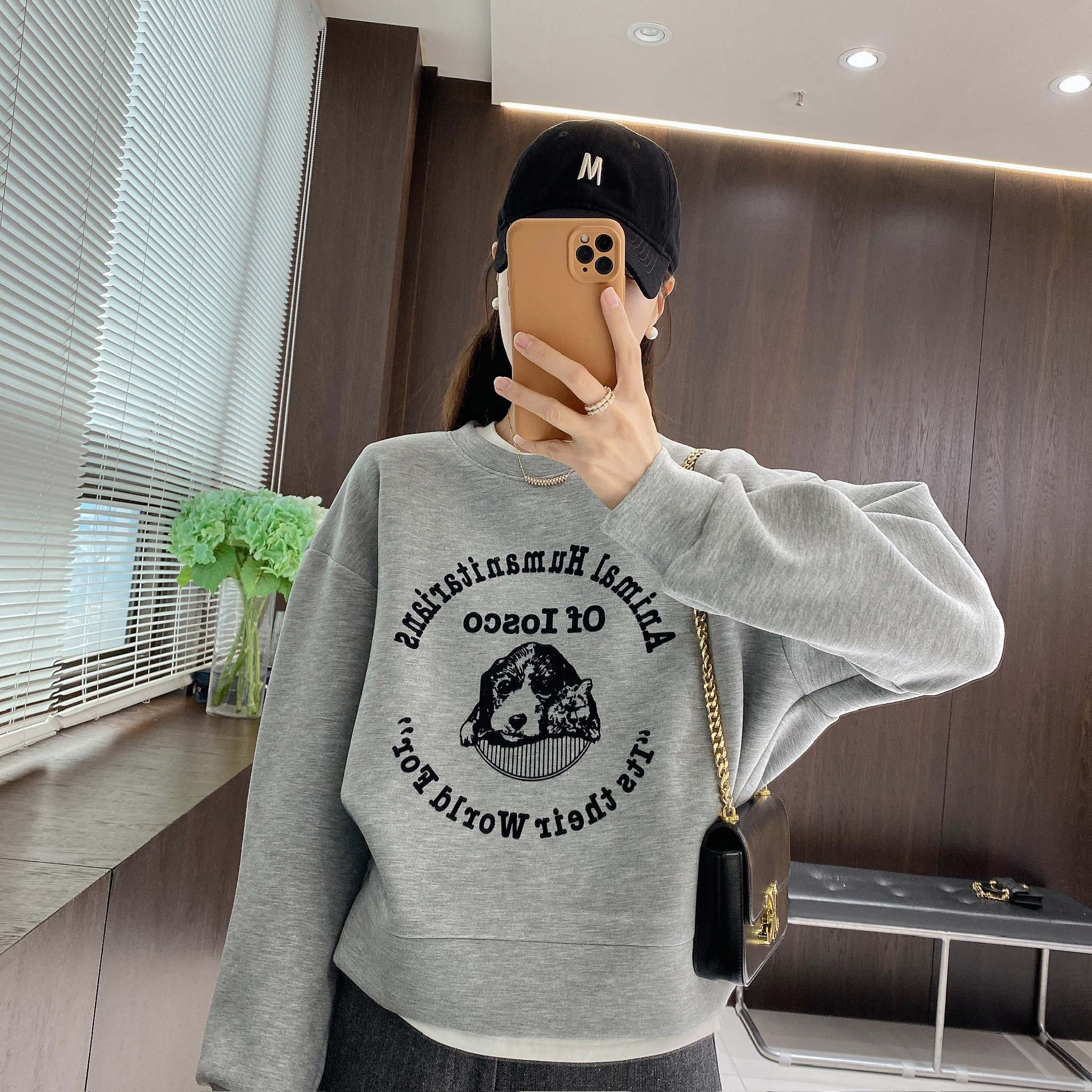 IMFLY金小金自制女装 磨毛卫衣DYW10307小狗印花圆领休闲短款上衣