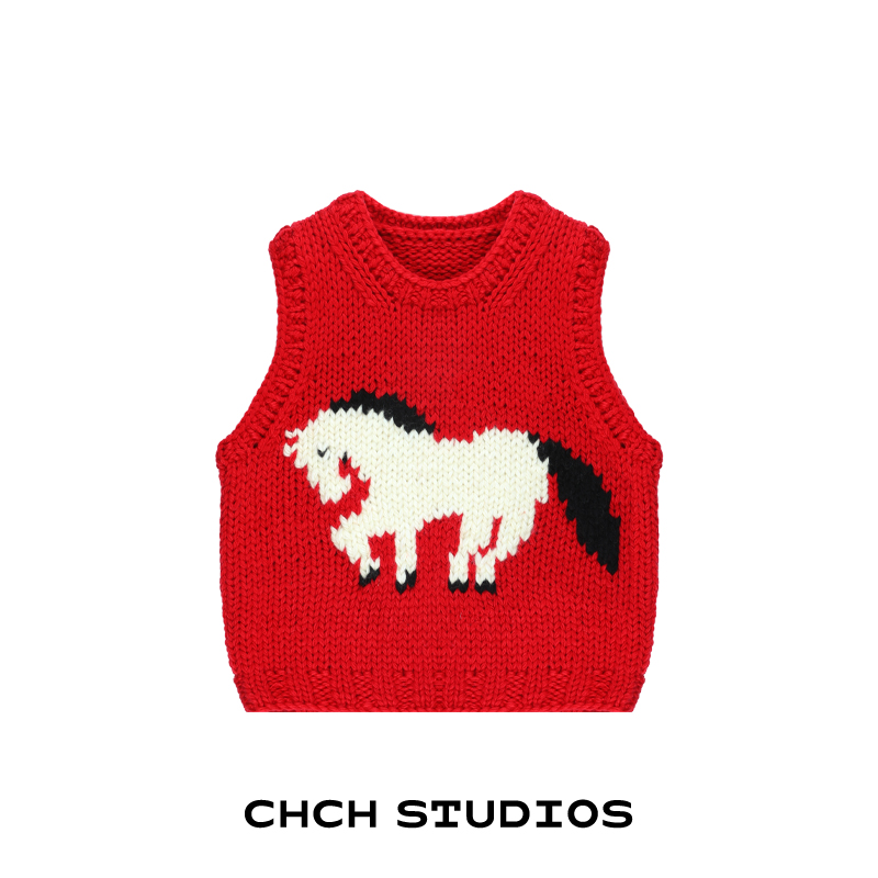 RAMJ113781休闲圆领无袖毛针织衫背心2025年秋冬提花宽松马甲上衣