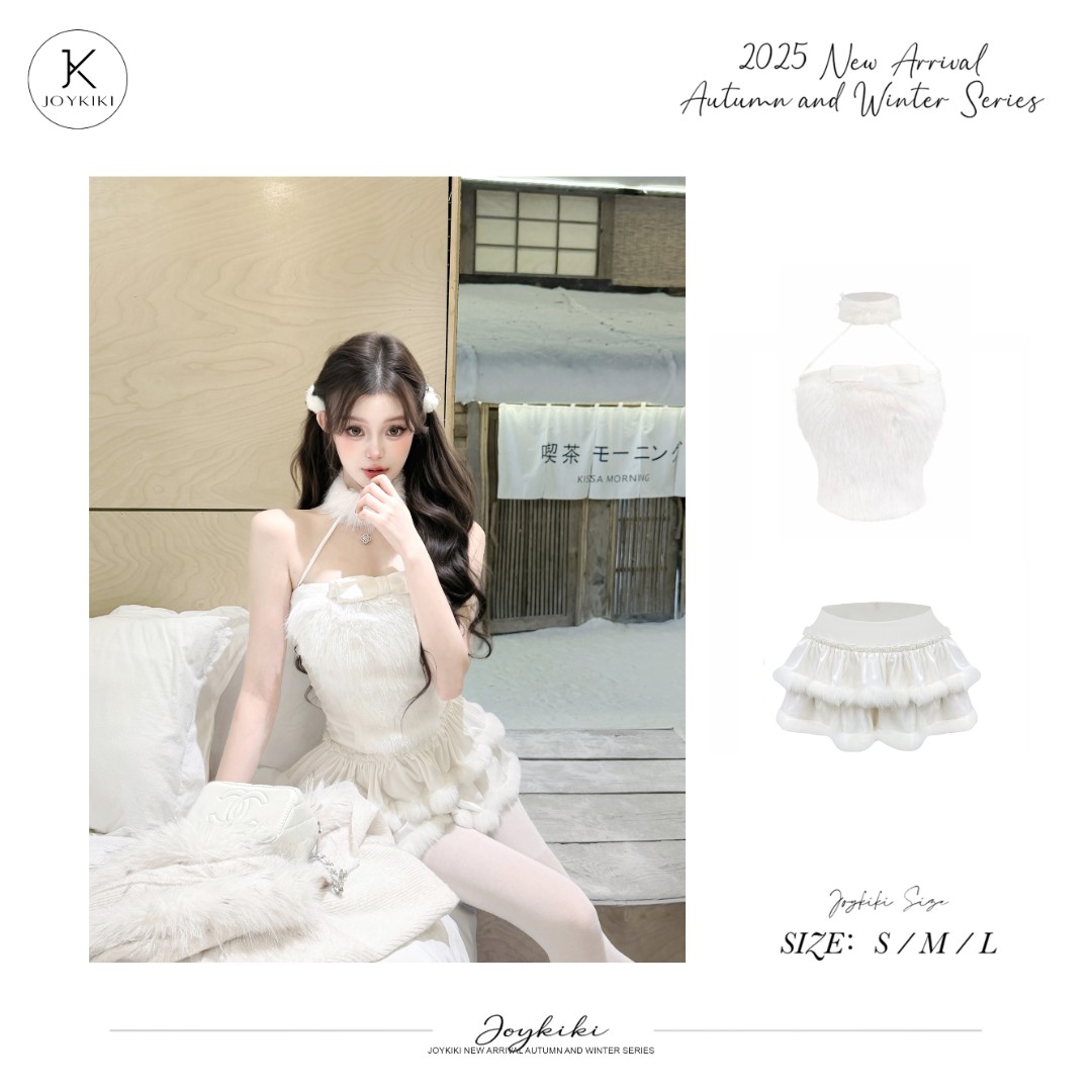 JOY KIKI鹅了么【奶芙精灵】秋冬毛绒挂脖修身蝴蝶结套装J25D273