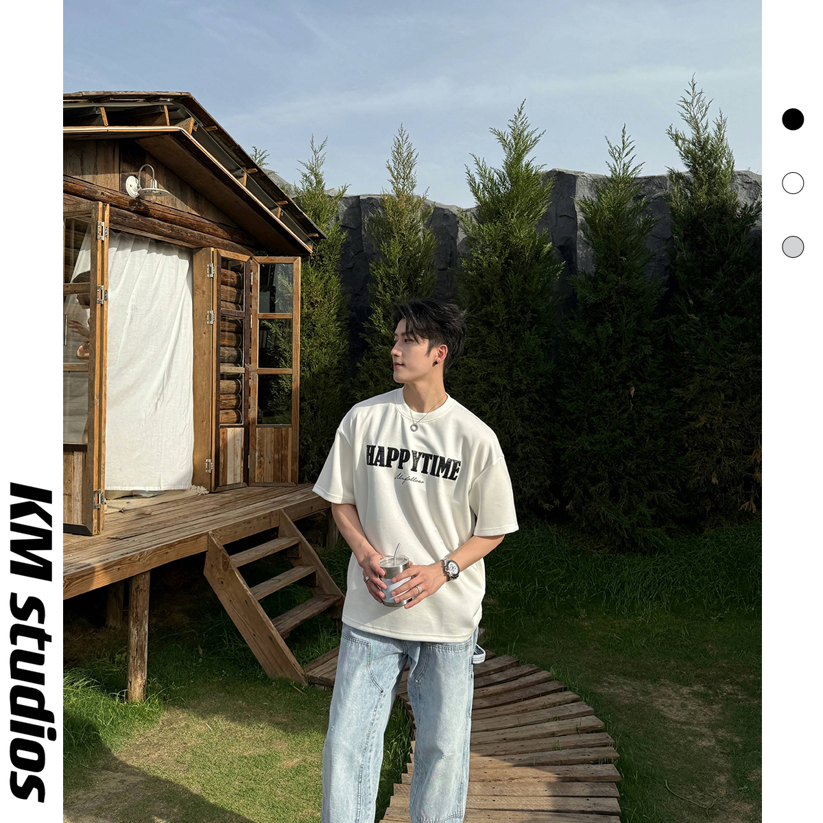 KM studios 新品蛇纹裂痕刺绣280克TR人棉空气层宽松短袖男女T恤