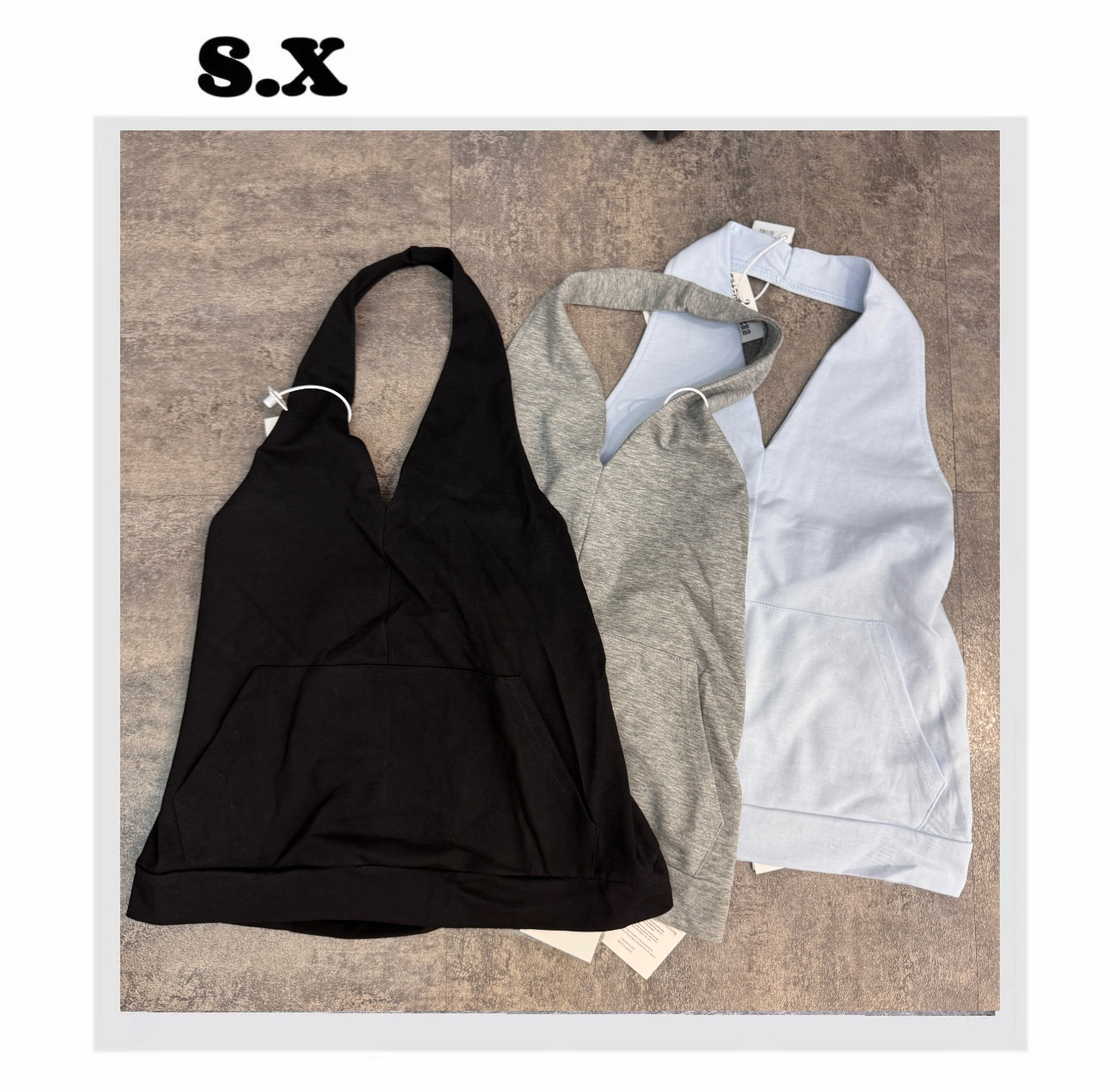 S.X 2025春夏新款 小众v领露背挂脖卫衣背心