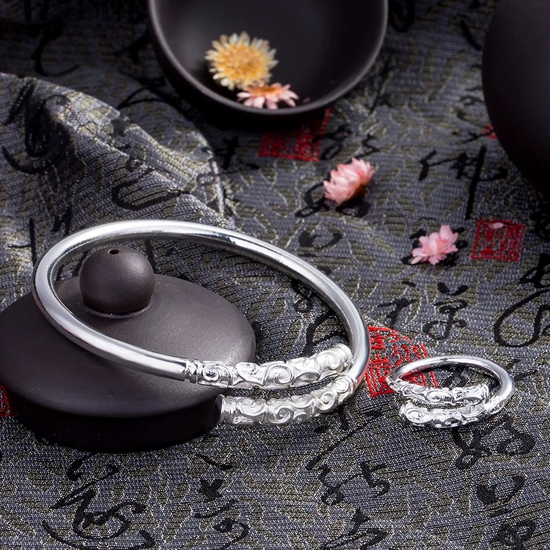 足银手镯 B22足银手镯叠加双祥云金箍棒手镯男女通带个性款情侣