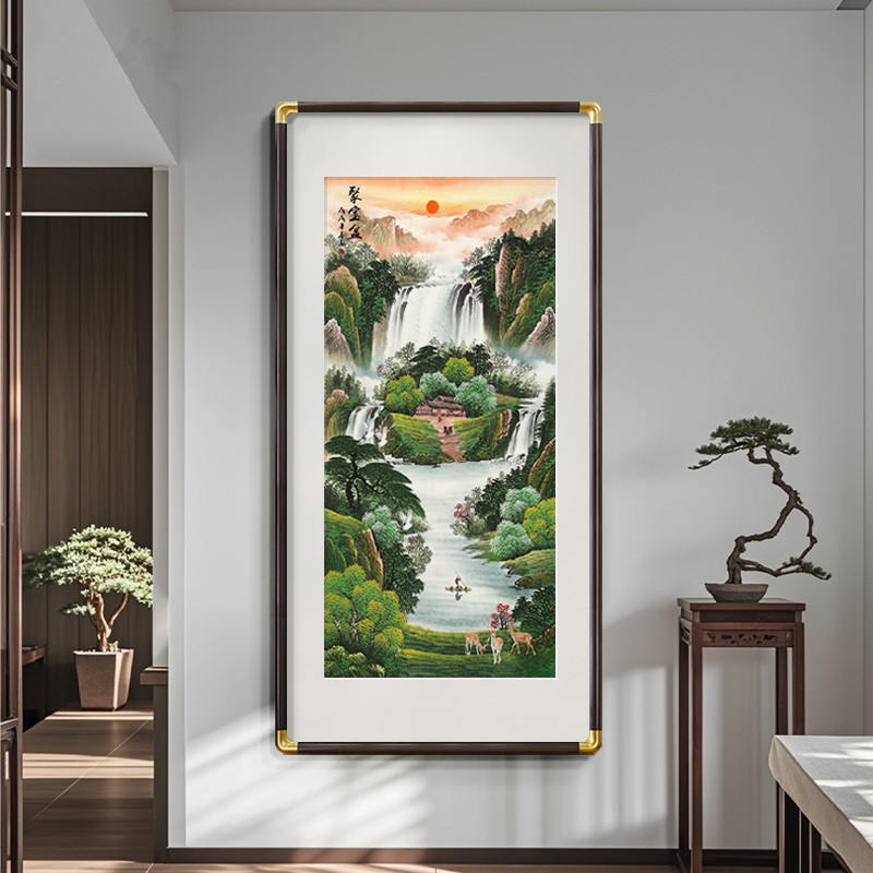 聚宝盆山水画玄关装饰画竖版走廊过道挂画客厅办公室靠山图招财画
