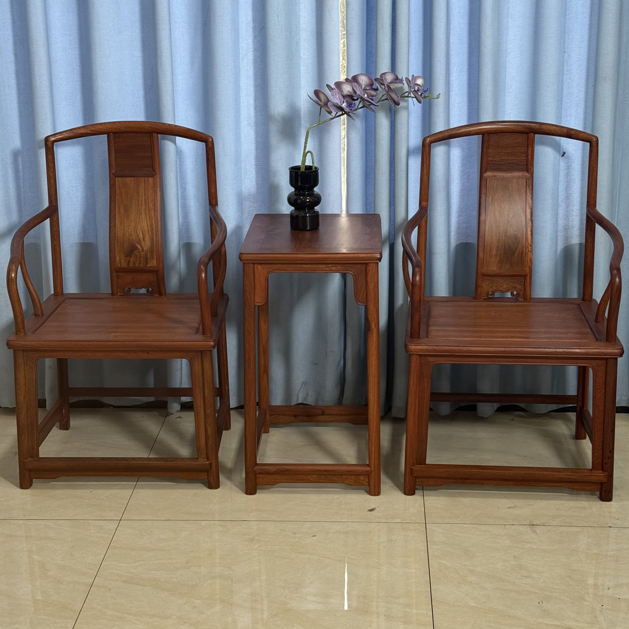 国标红木缅甸花梨木大果紫檀南官帽椅文椅家用休闲茶椅三件套组合