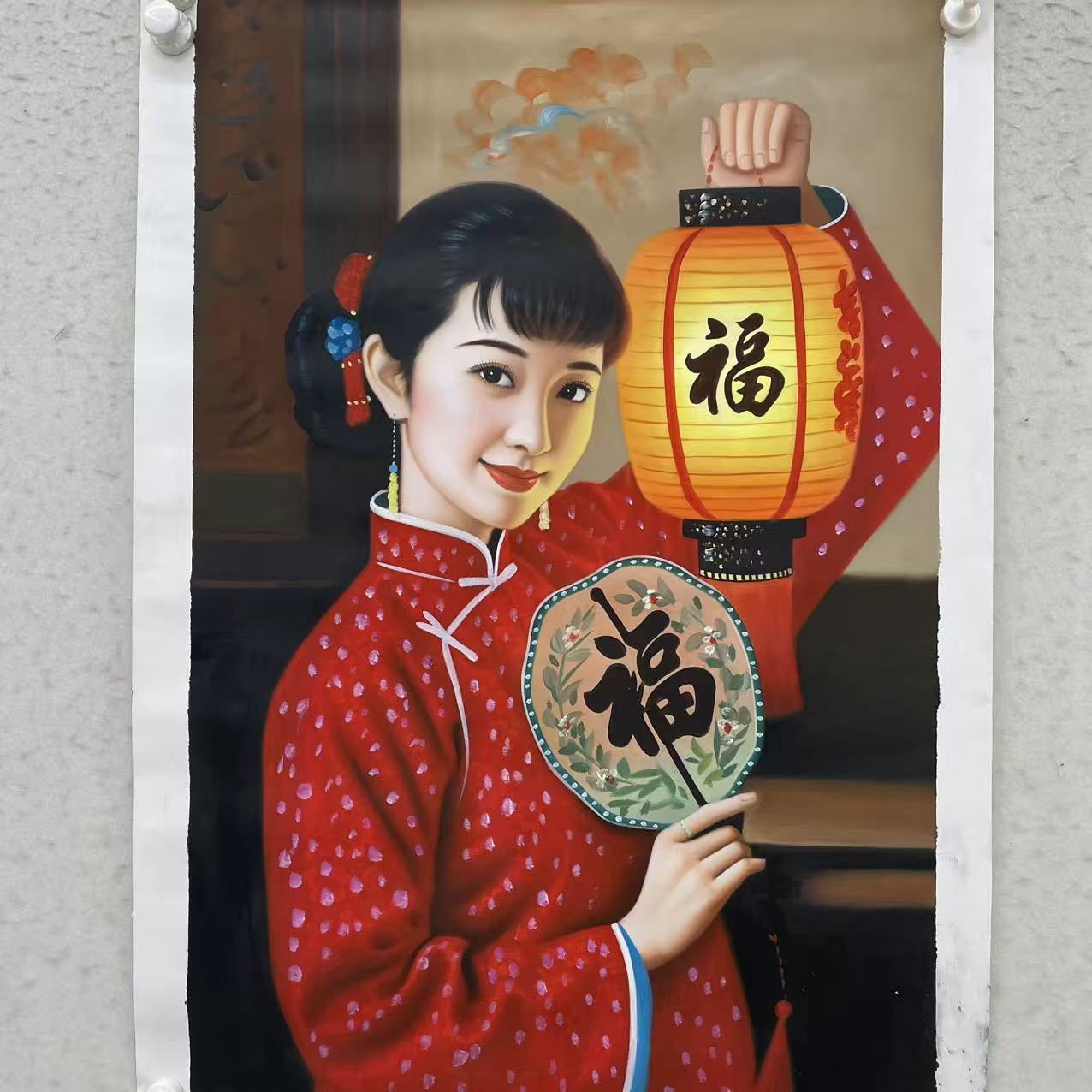 林彦新***中国新娘-灯笼-约60*90厘米-手绘油画-麻布