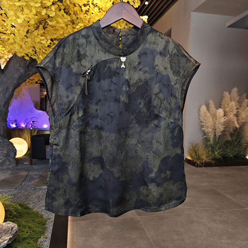 【星黛】夏季新款上衣小衫新中式女装国风立领提花贝壳袖衬衫