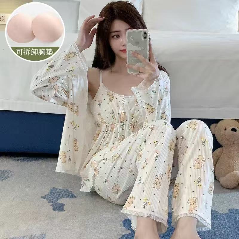 甜美可爱吊带睡衣女长袖薄款带胸垫家居服