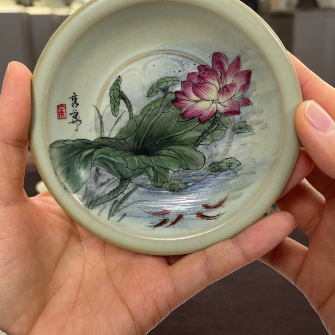 杯子瓷余秀华手工画作 荷花