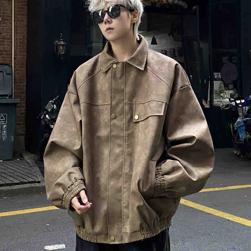 大璇/美式复古皮衣外套男春秋季潮牌痞帅宽松pu皮夹克