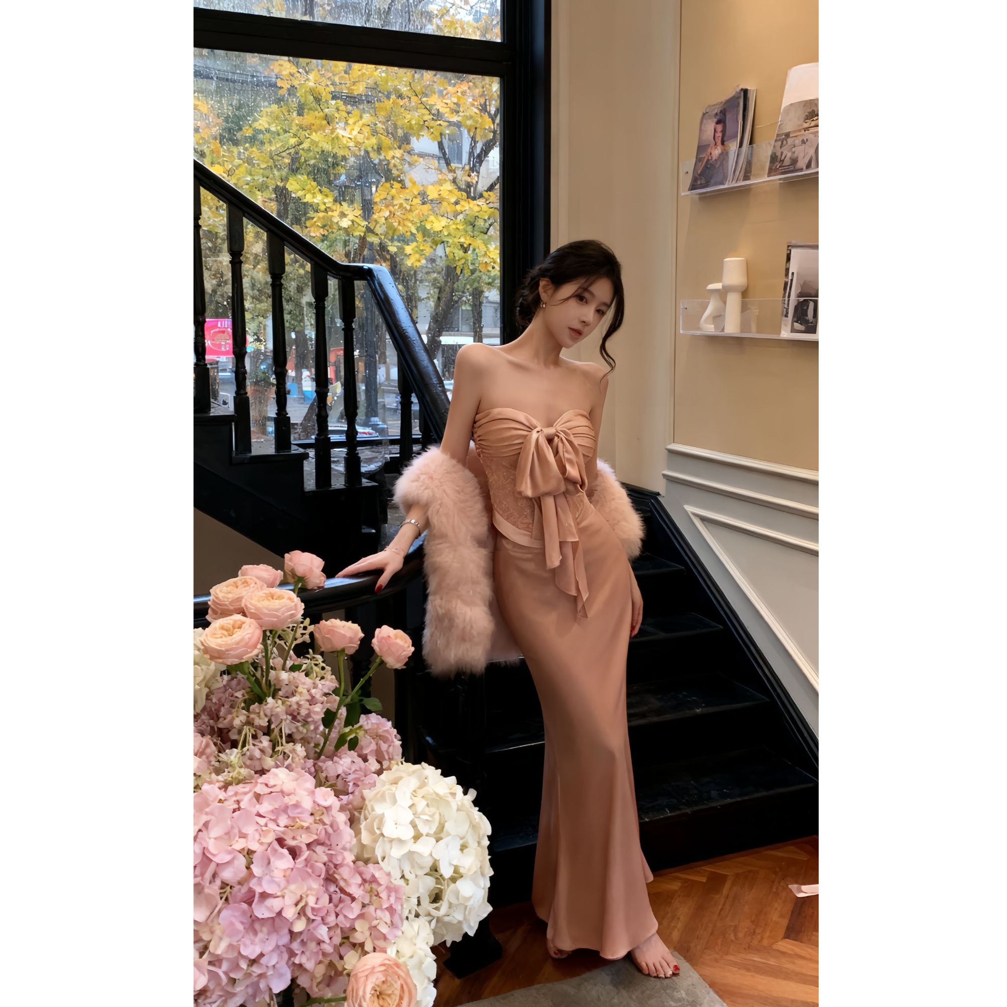 2025秋冬法式气质ins性感一字肩蕾丝鱼骨抹胸配锻面半身裙套装女