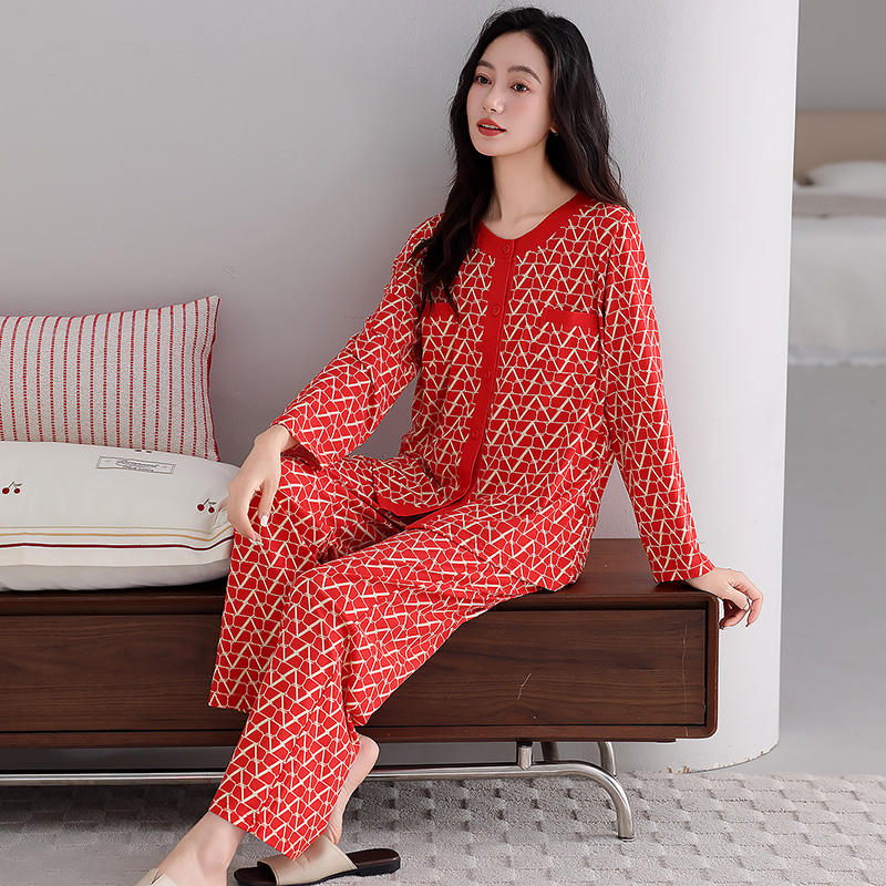 5604高档实体品质拉架爽棉开衫女士长袖长裤女士睡衣家居服
