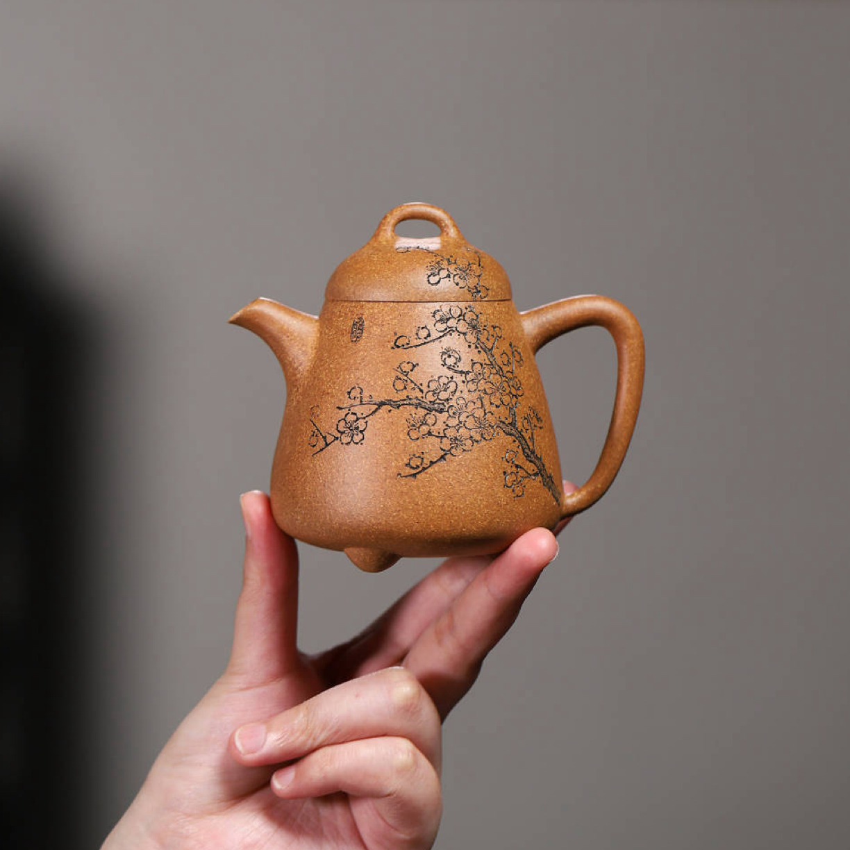 【梅花高瓢】宜兴紫砂壶  全手工制作  老段泥  刻绘梅花
