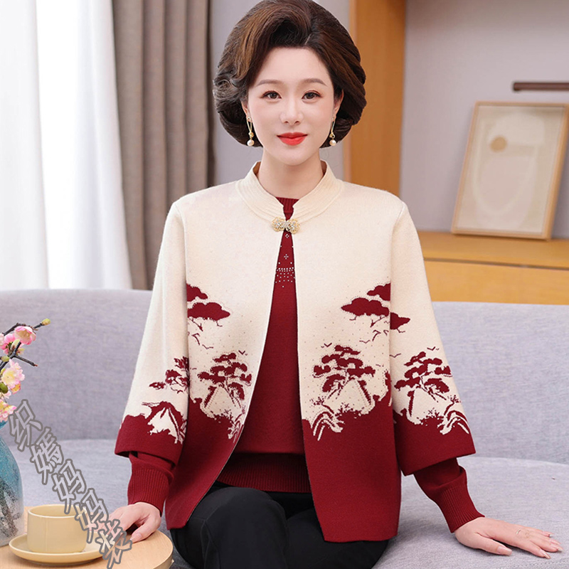 中年妈妈秋装针织外套洋气2025新款中老年女装秋冬毛衣加厚套装