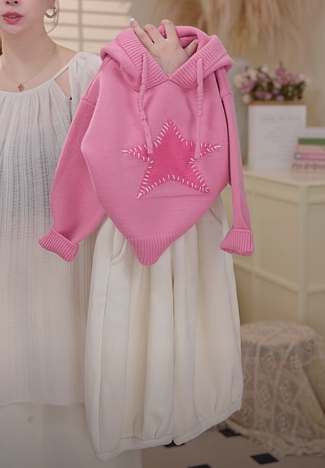 2025冬季新款韩版粉色加厚连帽五角星毛衣加绒裤套装25112A