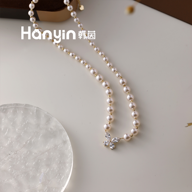 铜合金仿珍珠项链 高定轻奢气质微镶蝴蝶珠珠项链AAA