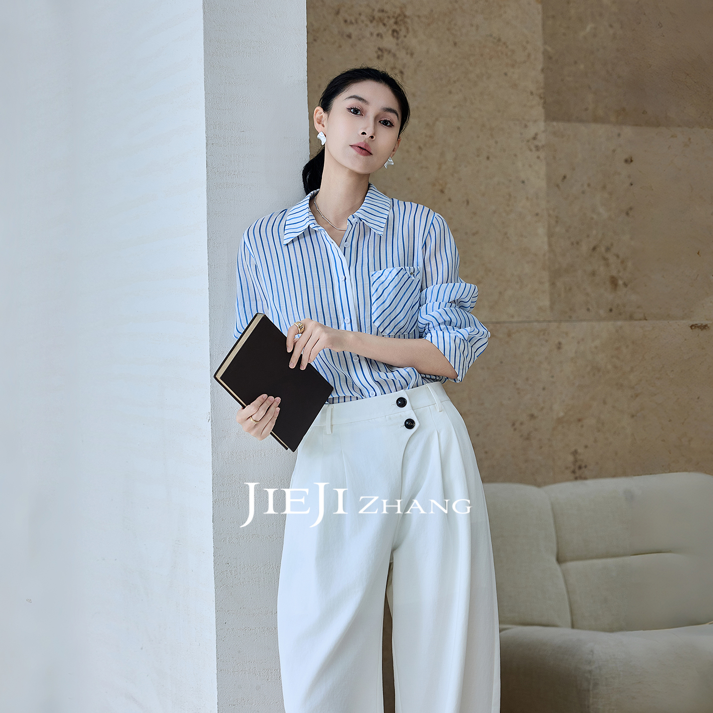 JIEJI ZHANG【海汐】高级宽松条纹女薄款通勤显瘦长袖衬衫352720
