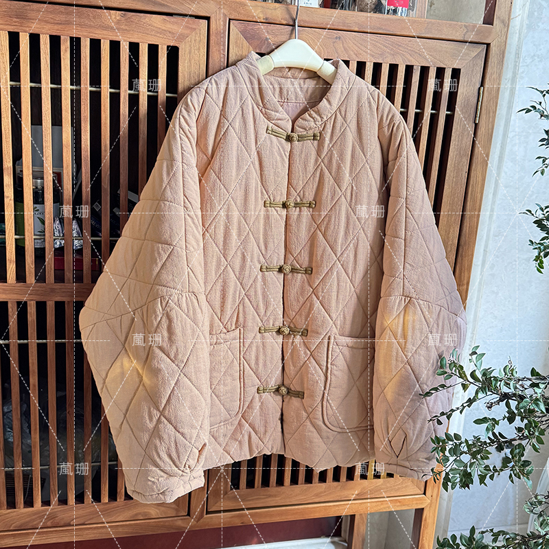 【心想事橙】冬季加厚复古菱格压线棉麻盘扣蝙蝠袖棉衣外套 51995