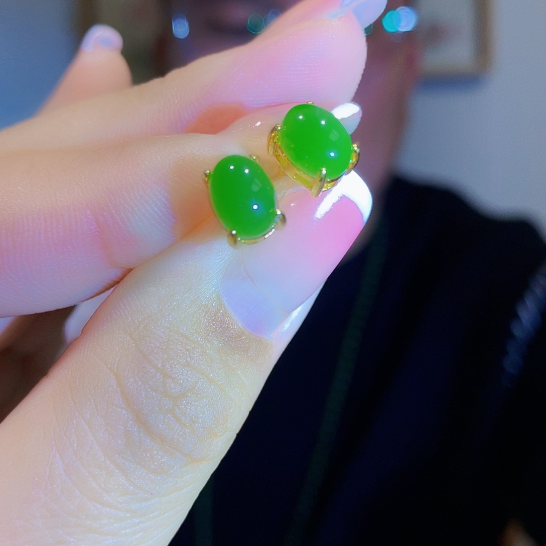 和田玉（碧玉）耳饰银S925镀金镶嵌