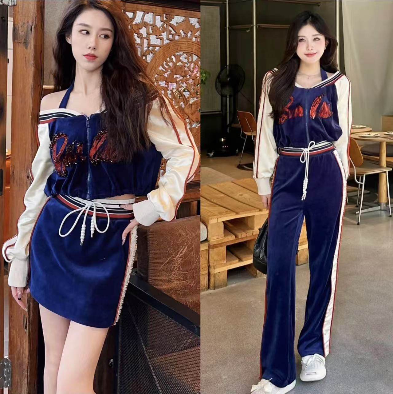 蓝色丝绒棒球服挂脖上衣长裤半裙