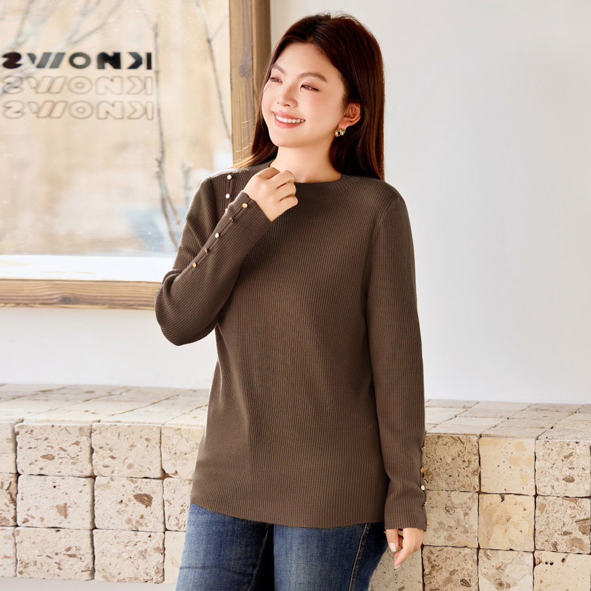 【24支仿兔绒纱】MsShe大码女装冬装金属扣半高领毛衣M2509080