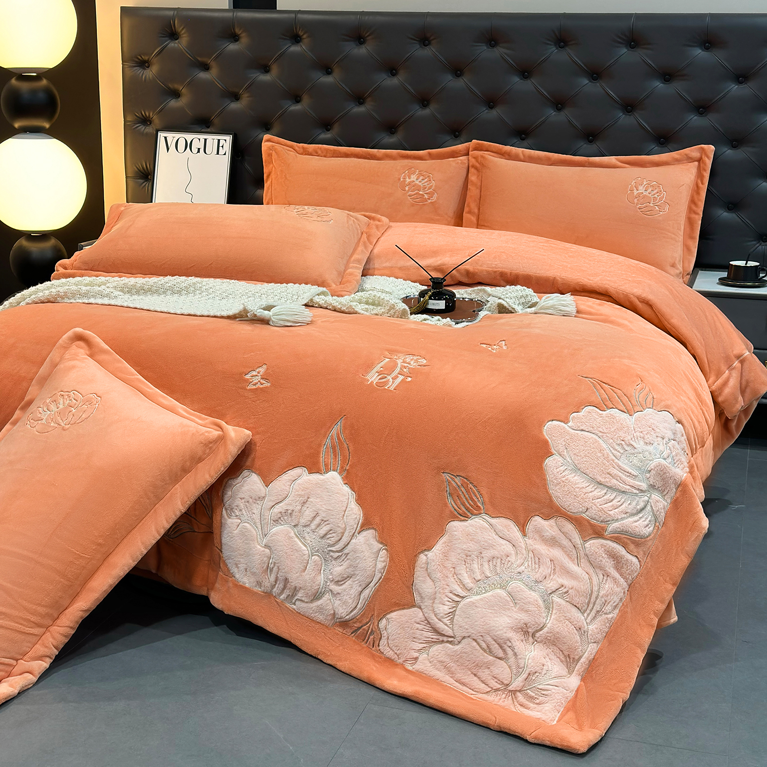 【芙蓉】橙绣花加厚牛奶绒绒四件套刺绣婴肤绒绒被套大床单枕套