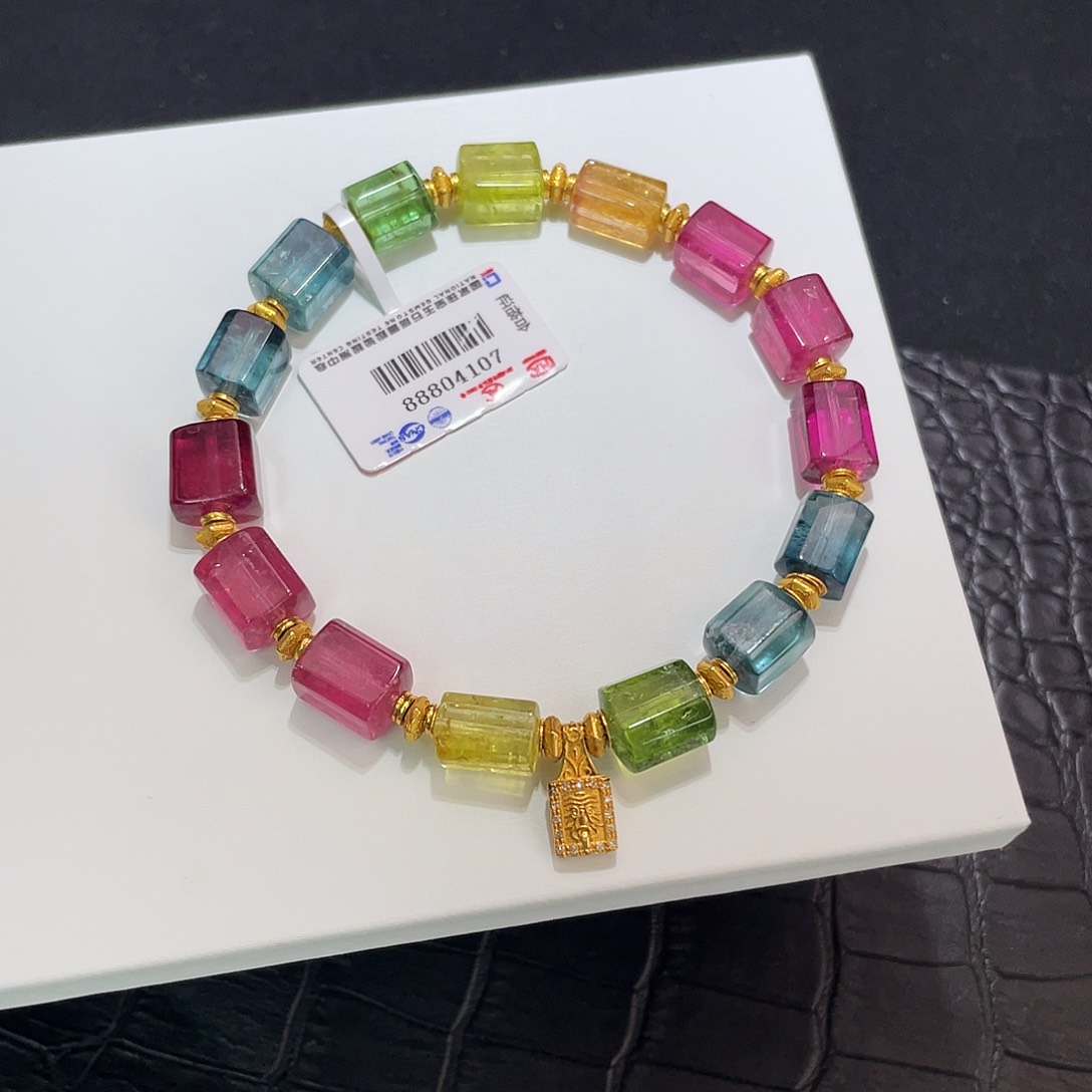 手链18K金镶嵌碧玺 净体色标方糖