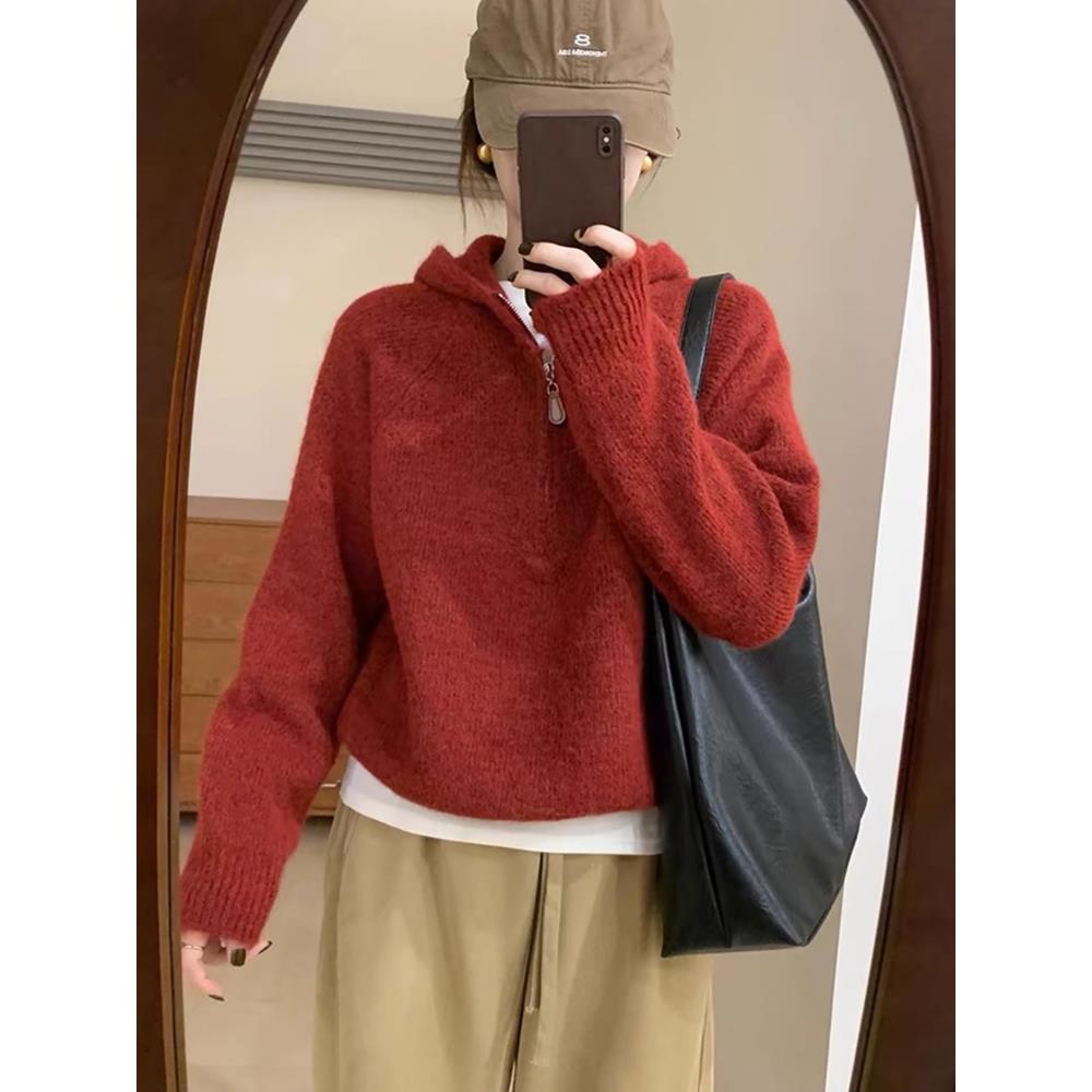 半拉链连帽新年红色毛衣套头女宽松秋冬厚款内搭软糯针织卫衣帽衫