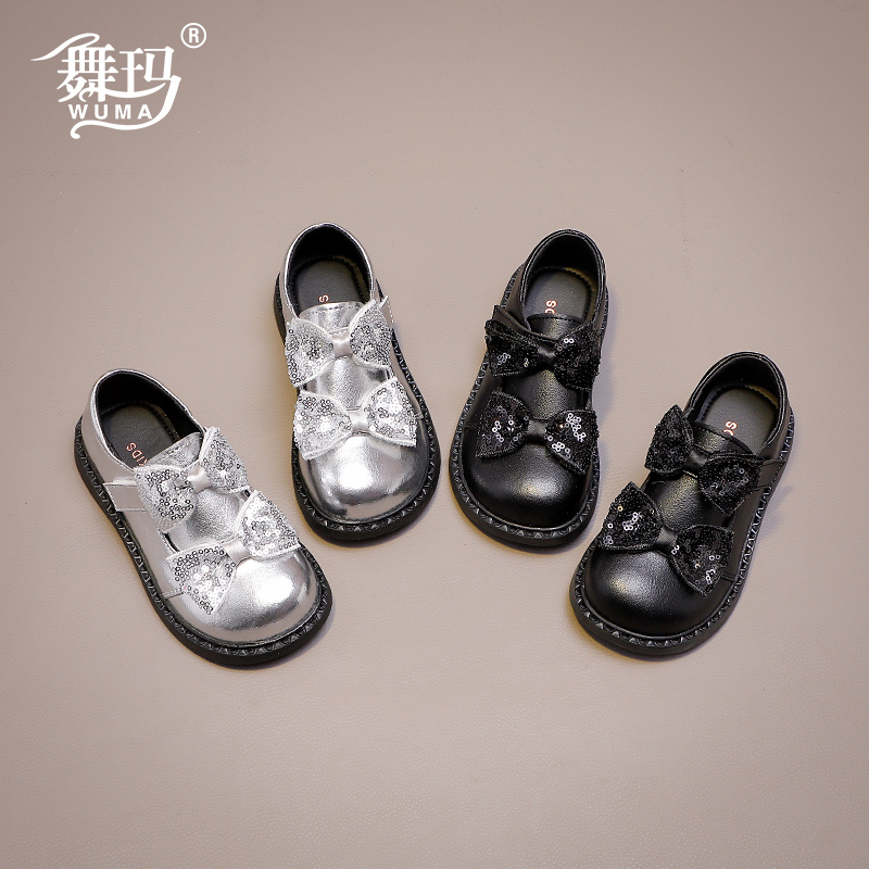 舞玛儿童鞋子女童皮鞋2025新款春秋季蝴蝶结软底黑色公主鞋538361