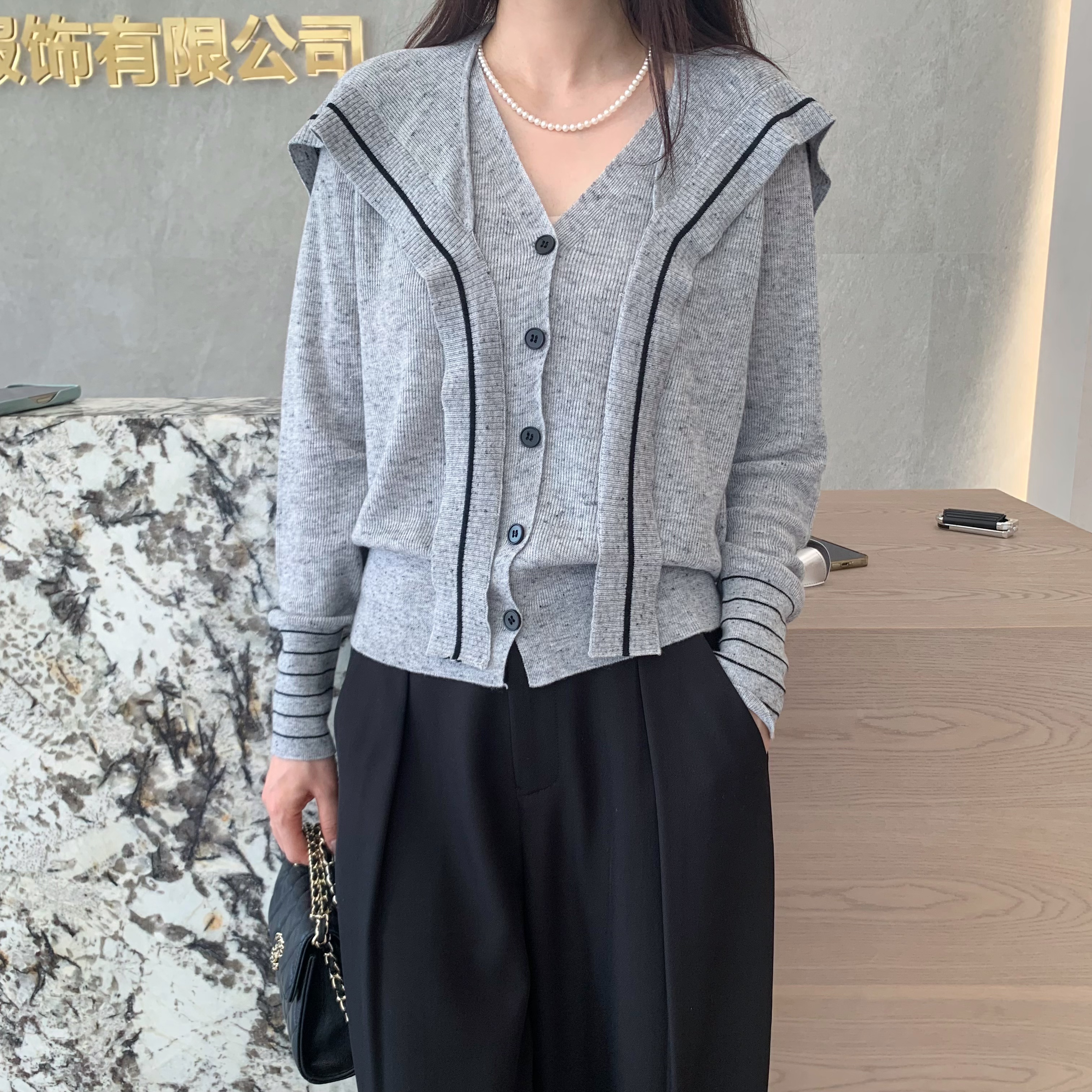 新款小香风海军领披肩针织衫女秋季显瘦上衣外套羊毛衣开衫TX038