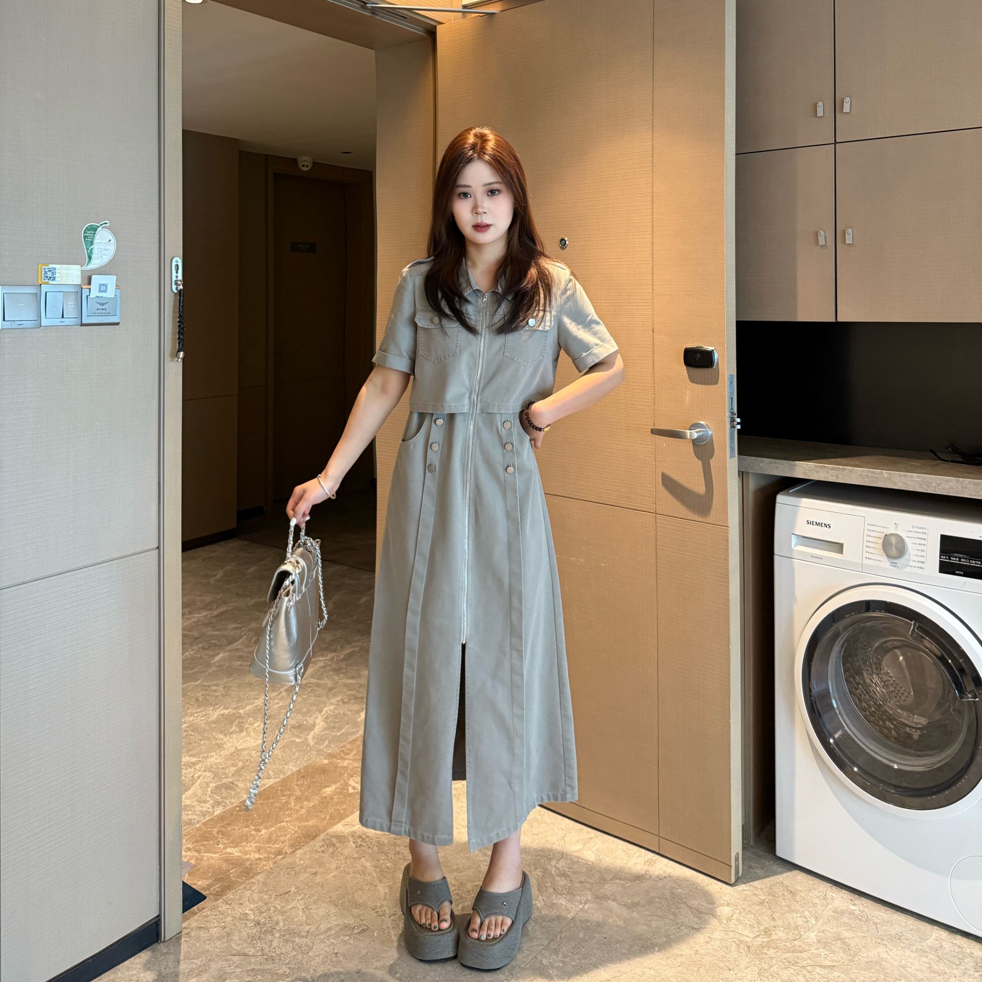 敏敏&南岛风大码女装牛仔连衣裙夏胖mm显瘦遮肉假两件长裙ZZM17