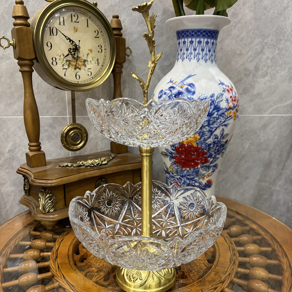 全铜小梅花双层小法式刻花白水晶玻璃黄铜水果盘