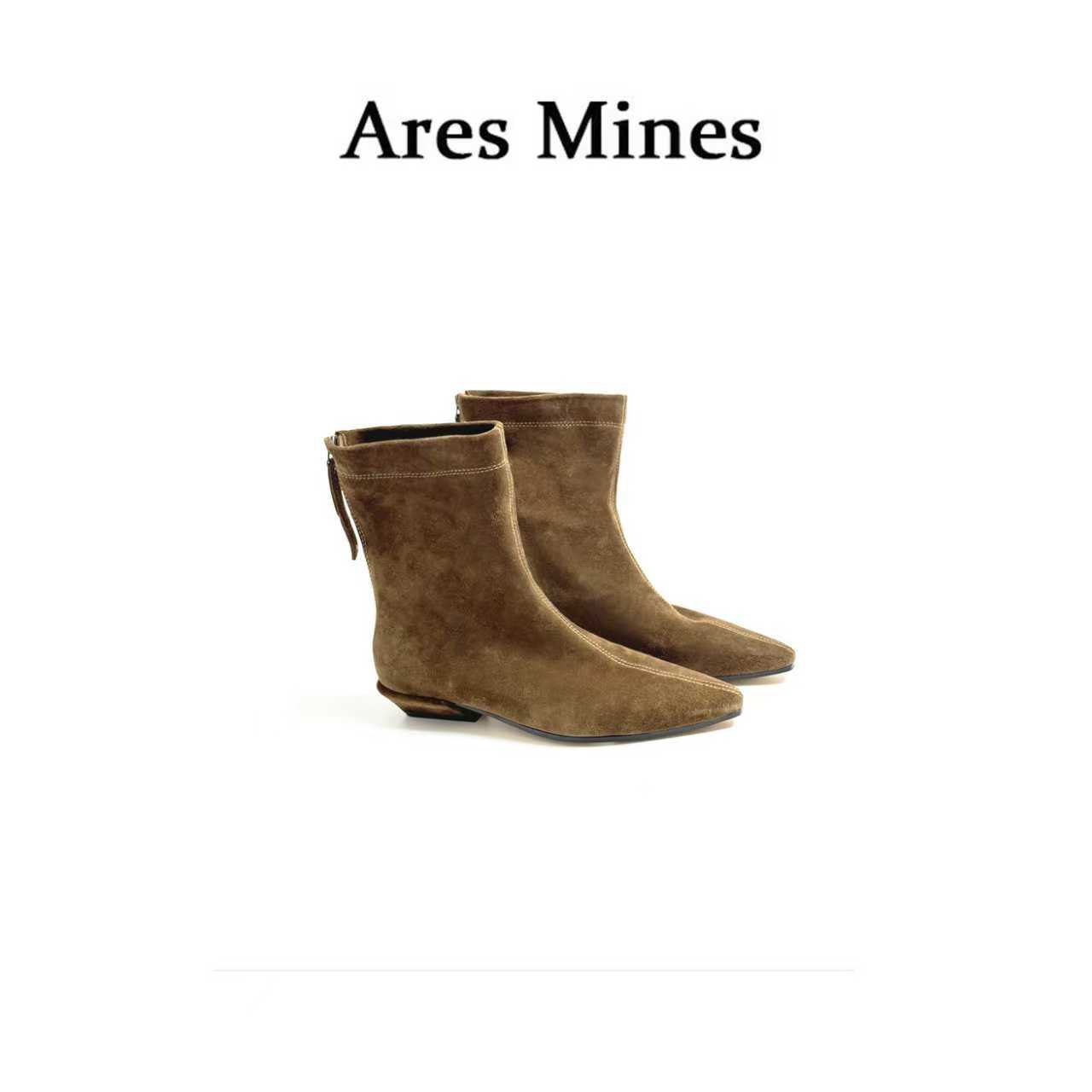 【盛朗熙Ares Mines】绒棕复古 尖头反绒质感及踝靴翻毛皮中筒靴
