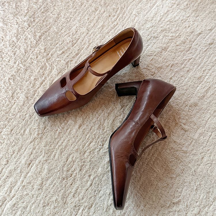 6cm/牛皮/2025春季新款法式丁字扣带玛丽珍女鞋真皮单鞋高跟鞋