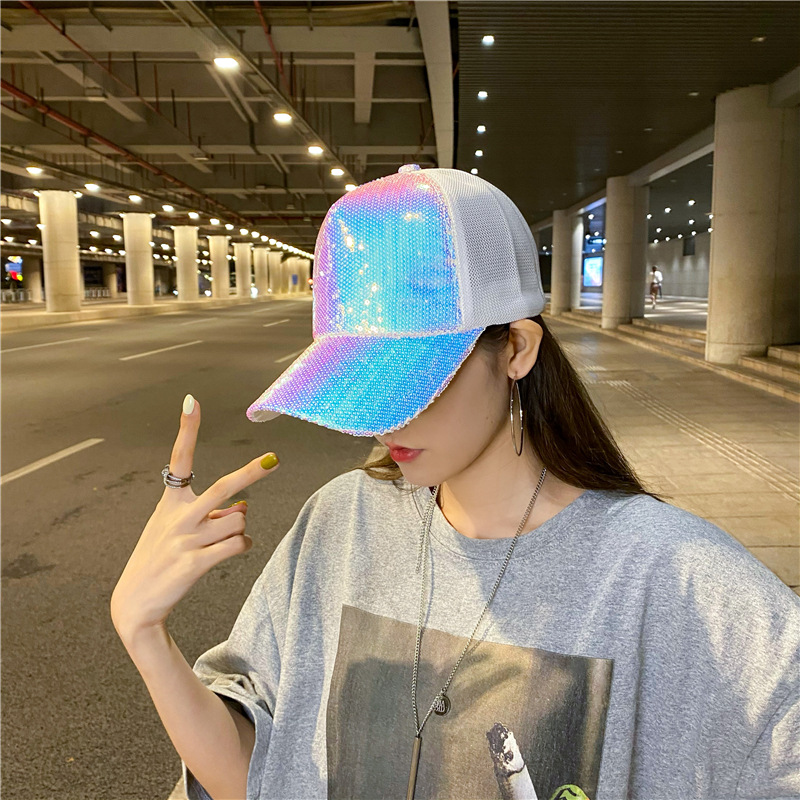 帽子春秋季炫彩亮片大帽檐网帽韩版潮人街头棒球帽网纱透气遮阳帽