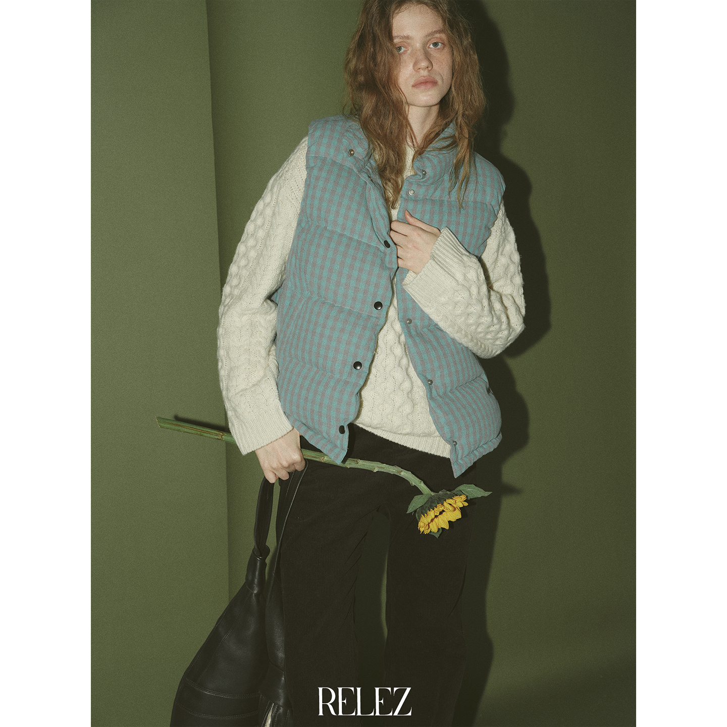 relez 撞色小格纹立领羽绒短外套冬季设计感休闲复古小众马夹外套