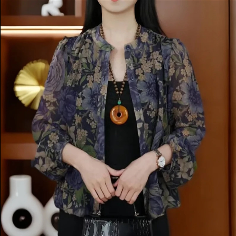 2025春秋牡丹花遮肚显瘦时尚休闲修身女圆领开衫上衣衬衫742