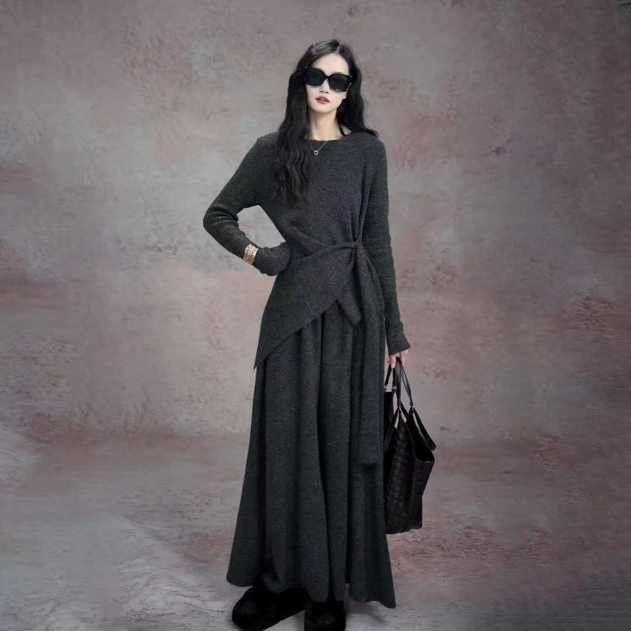 韩系气质辣妹不规则针织套装女2025秋冬新款毛衣垂感长裤裙套装