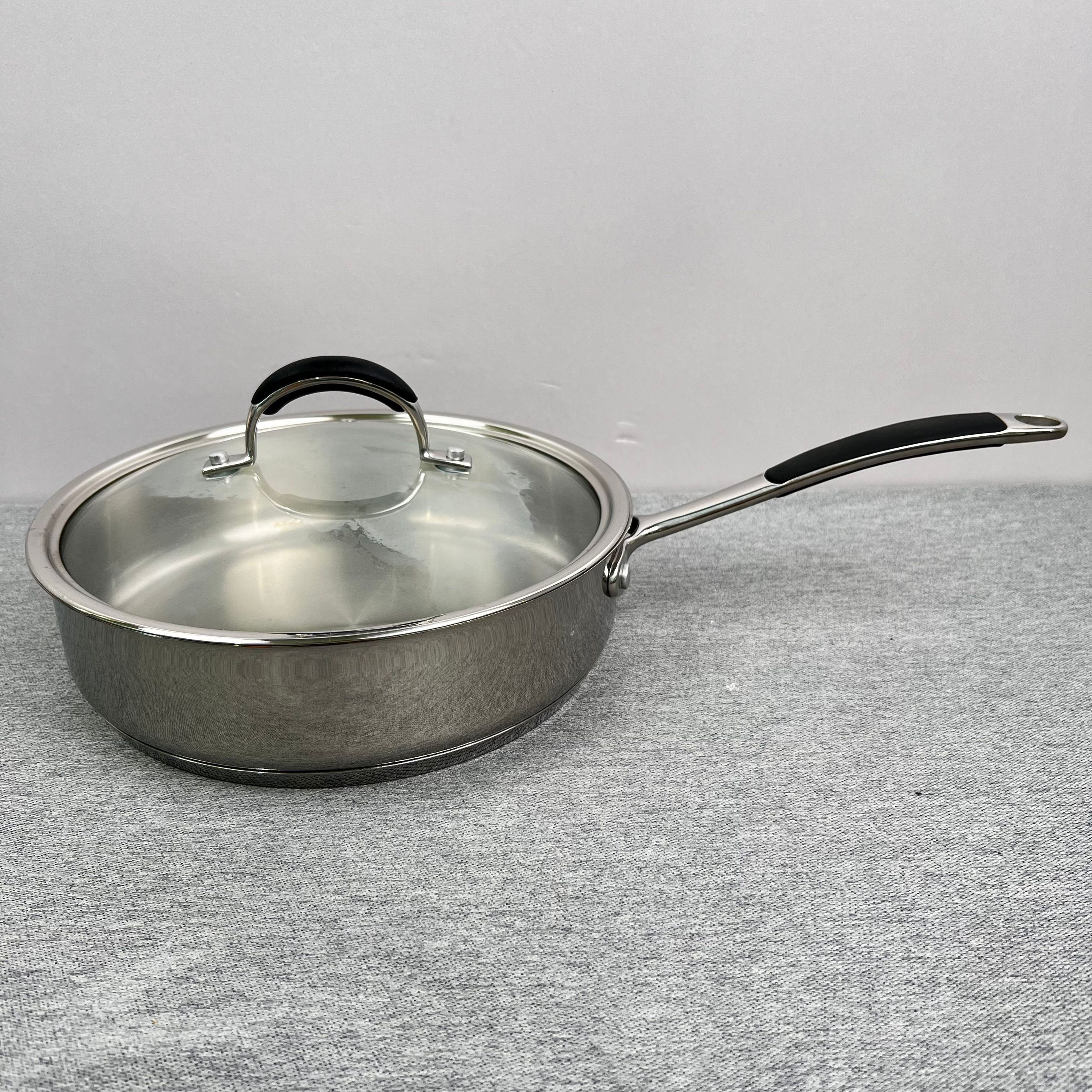 6-646 库存家用304不锈钢单柄煎锅 24*7CM 带盖重约1.87KG