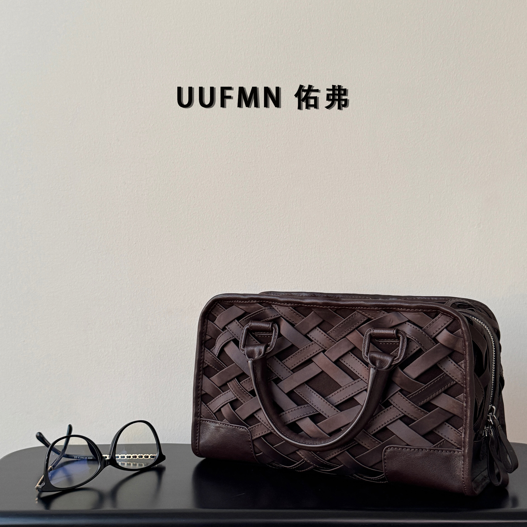 UUFMN｜中古罗手提保龄球 进口植鞣牛皮拼绸缎 编织手提斜挎包