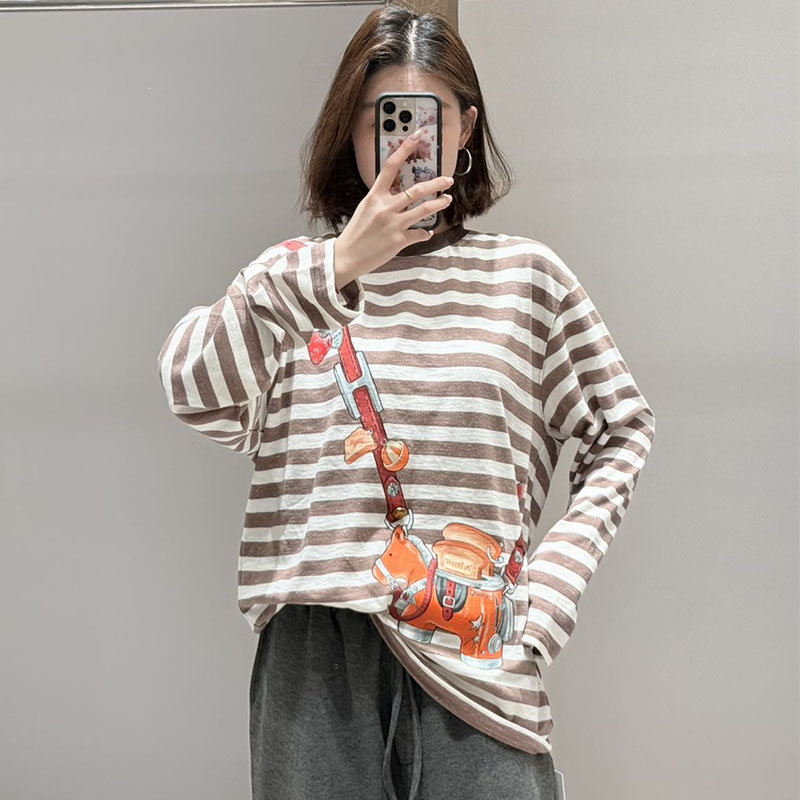 【现货】CHEERiUPi2026早春新款马上胡条纹长袖T恤圆领外穿宽松百搭