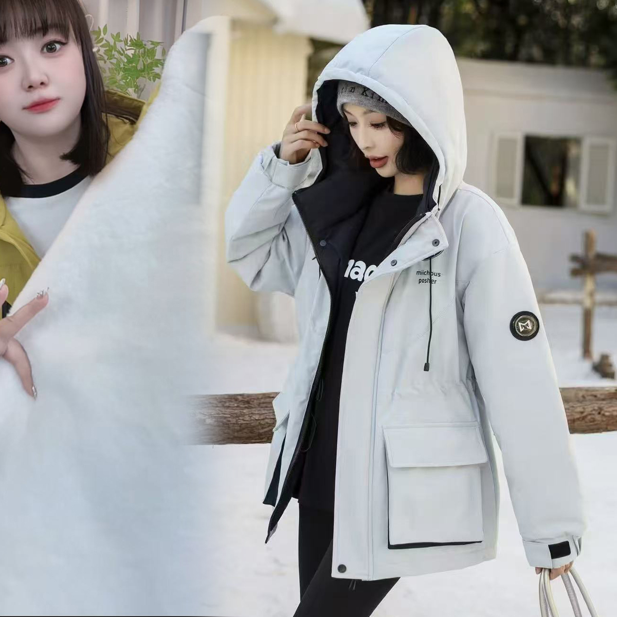 大码冬装新款加毛派克服外套胖妹妹中长款加绒加厚冲锋衣收腰显瘦