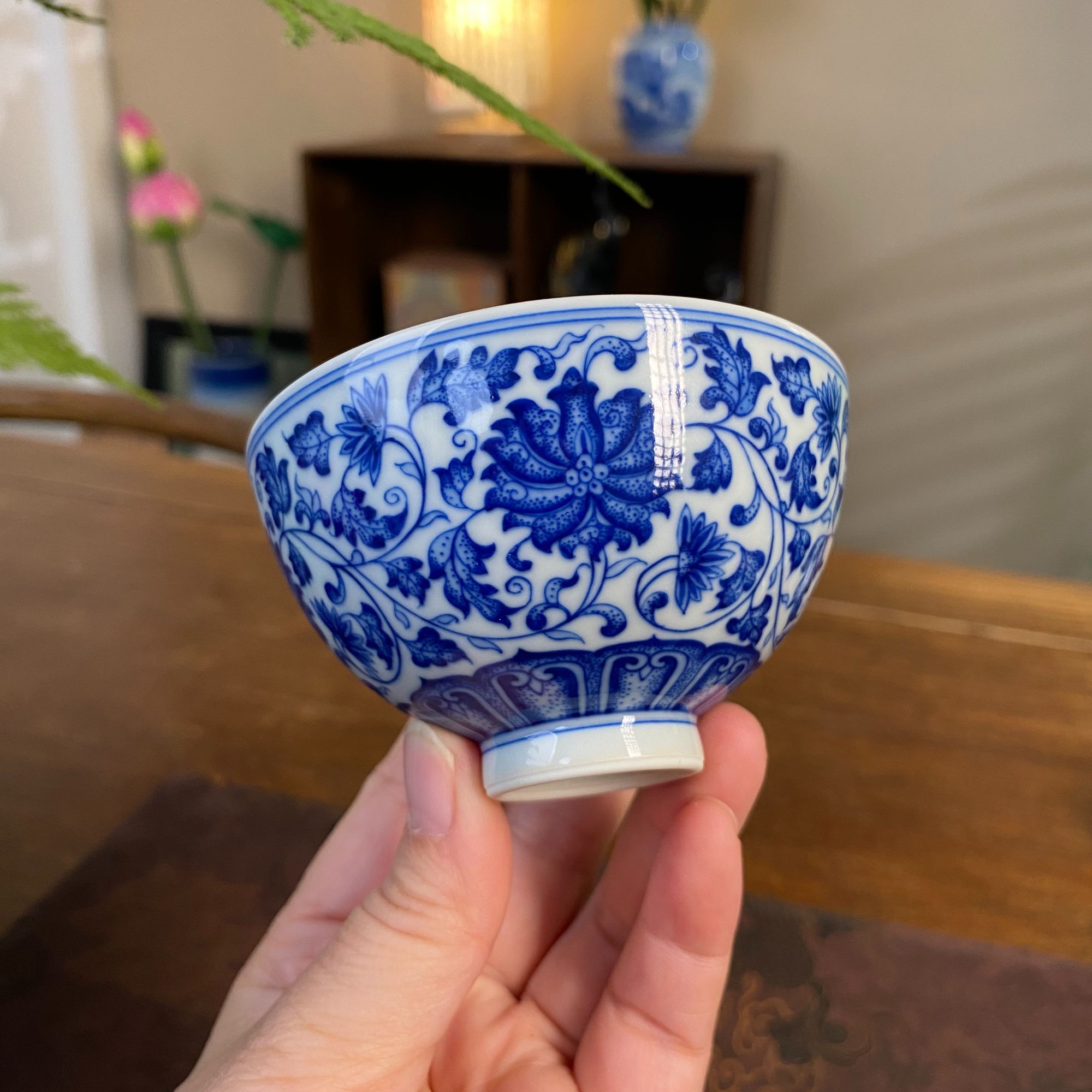 【记石柴窑】缠枝莲鸡心杯主人杯手工手绘景德镇陶瓷茶具茶杯品茗杯